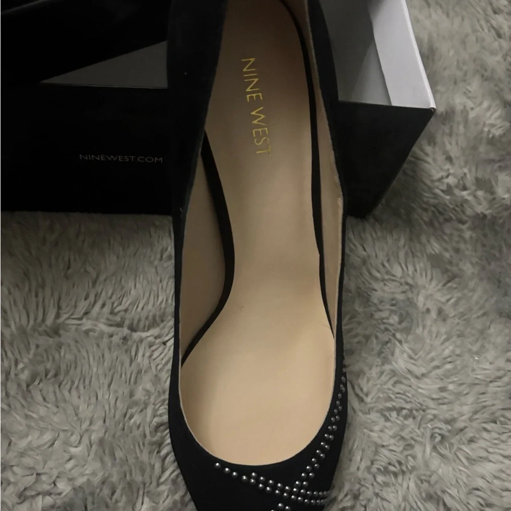 Nine West Black Pointed-Toe Flats with Stud Accent